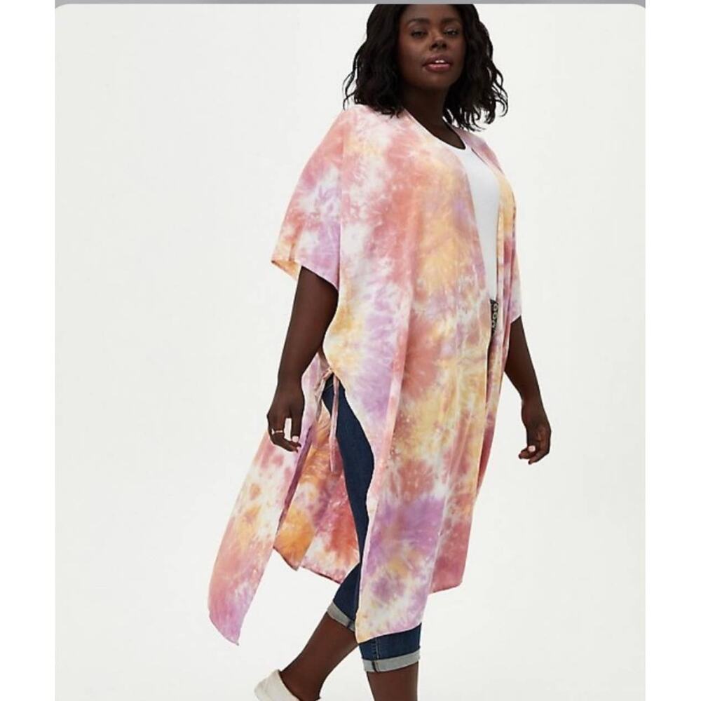 Torrid Pink Tie Dye Side Tie Open Front Long Ruana Kimono One Size NWT